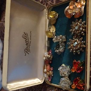 7 Pair of Cip On Earrings Vintage Gem Crystals Gold Silver Vintage Case Rosalie